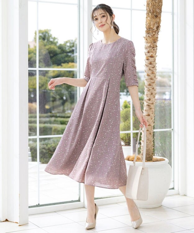 Tiaclasse L 【洗える】ギャザースリーブ花柄ワンピース ラベンダー