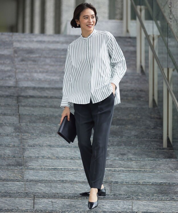 自由区 【スタイリストコラボ・洗える】SOMELOSバンドカラー シャツ ボトルグリーンストライプ