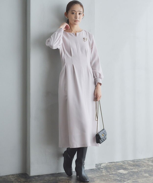 組曲 ウールジョーゼット スリットネックワンピース ローズ系