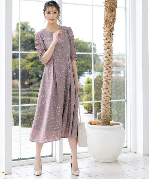 Tiaclasse 【洗える】ギャザースリーブ花柄ワンピース ラベンダー