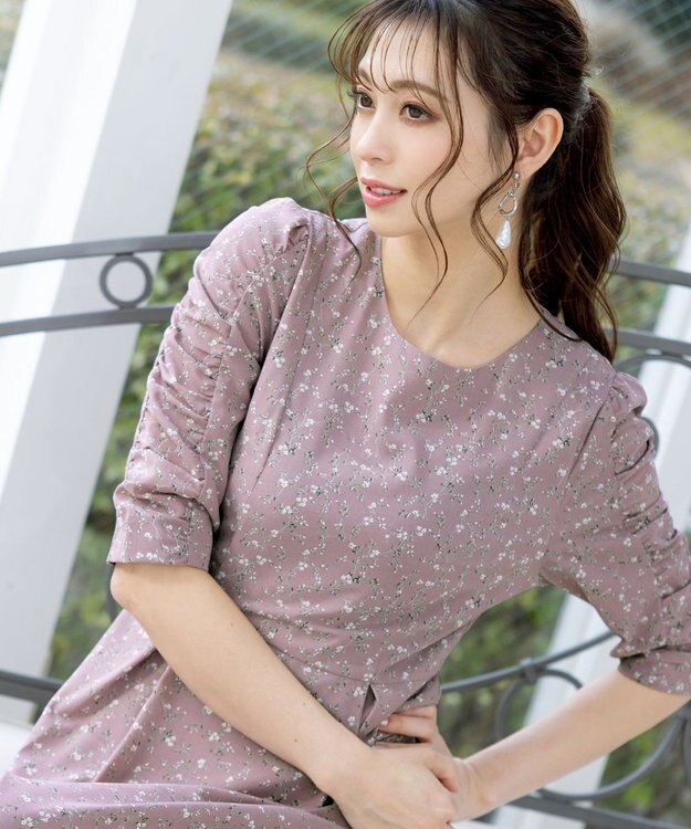 Tiaclasse L 【洗える】ギャザースリーブ花柄ワンピース ラベンダー