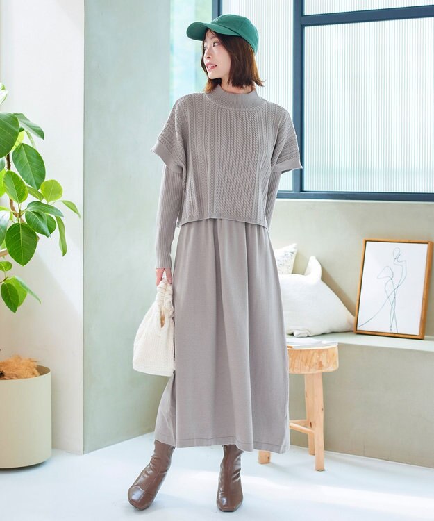 Tiaclasse 【2点セット・洗える】細ケーブルニットトップス＆ニットワンピース グレージュ