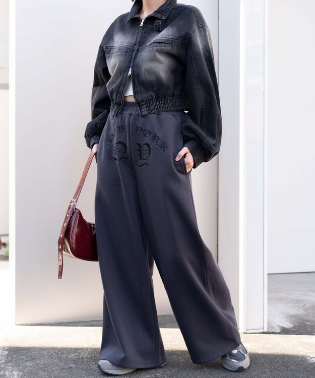 WEGO 【ウエストゴム】グラフィック刺繍裏起毛ワイドSWTパンツ ダークグレー