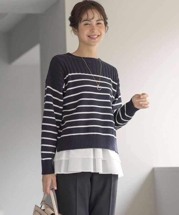 組曲 S 華奢見え パネルボーダーニット ネイビー×オフ系1