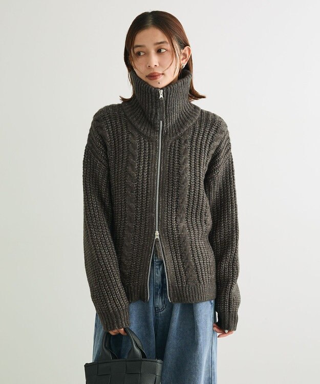 Green Parks 衿付きケーブルｚｉｐカーディガン Dark Gray Mixture