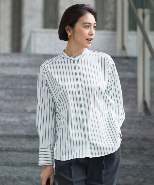 自由区 S 【スタイリストコラボ・洗える】SOMELOSバンドカラー シャツ ボトルグリーンストライプ