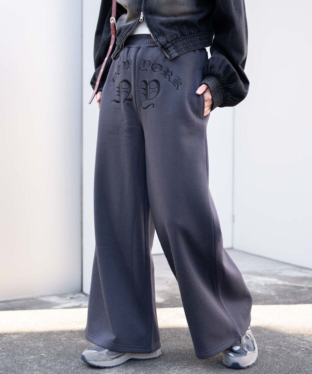 WEGO 【ウエストゴム】グラフィック刺繍裏起毛ワイドSWTパンツ ダークグレー