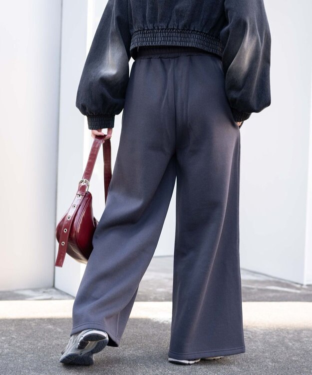 WEGO 【ウエストゴム】グラフィック刺繍裏起毛ワイドSWTパンツ ダークグレー