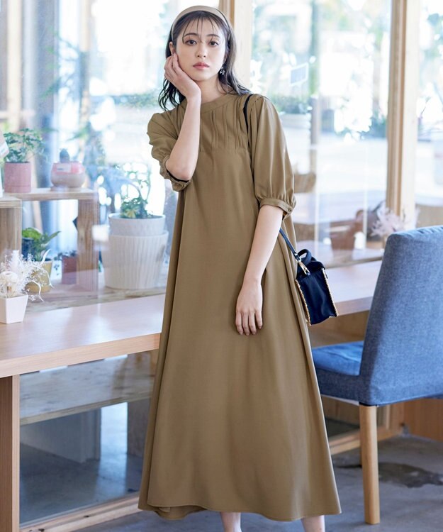 Tiaclasse 【洗える】ボリュームパフスリーブAラインワンピース ベージュ