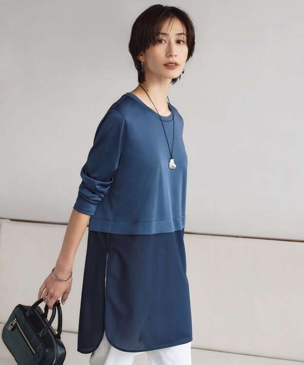 ICB L 【洗える】シアージャージーコンビ カットソー ブルーグレー系