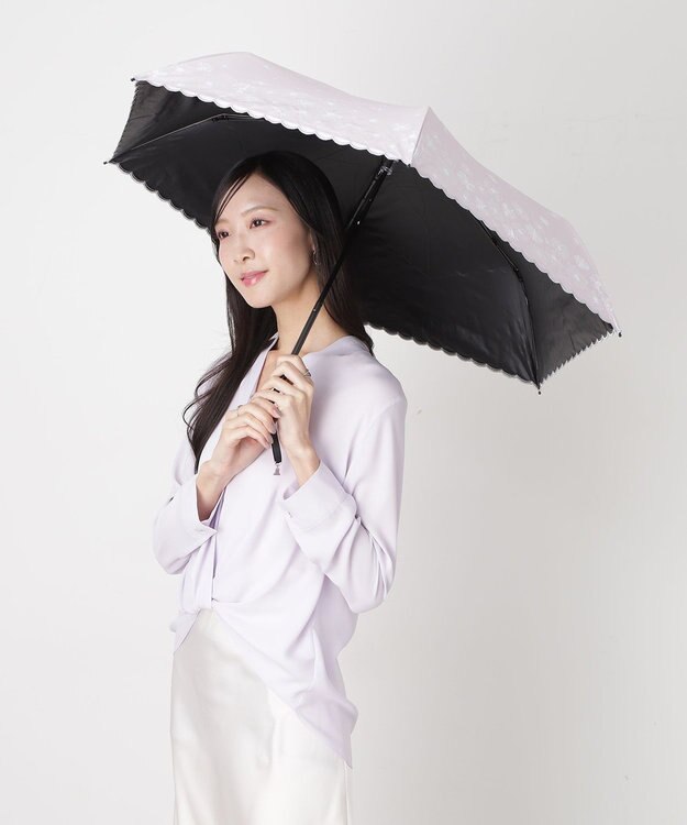 MOONBAT 【遮光率100％/遮熱/UV】LANVIN en Bleu (ランバン オン ブルー)晴雨兼用日傘 フラワーグリッター シルバースカラ刺繍 花柄 折りたたみ傘 簡単開閉 ペールピンク