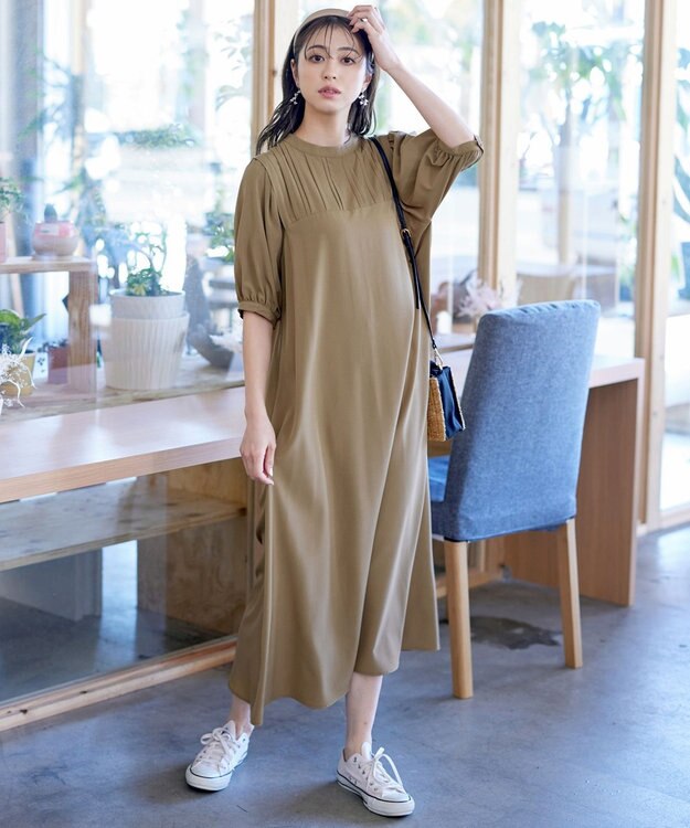 Tiaclasse 【洗える】ボリュームパフスリーブAラインワンピース ベージュ