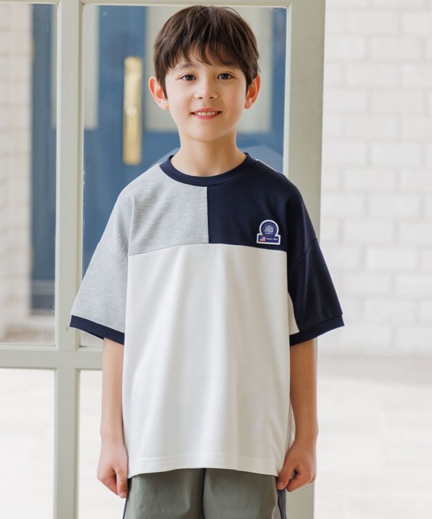 J.PRESS KIDS 【吸水速乾】【140-170cm】ポンチローマ トリコロール 切替Ｔシャツ アイボリー系
