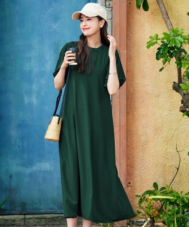 Tiaclasse 【洗える】ボリュームパフスリーブAラインワンピース グリーン