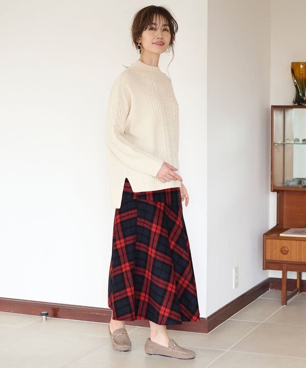 ANY 【ウエストゴム・洗える】タータンマーメイドスカート レッドタータン