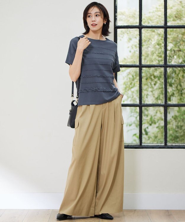 自由区 L 【カタログ掲載・接触冷感・UVカット・洗える】デニムライクボトムフレアワイド パンツ ベージュ