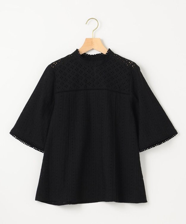 組曲 【WEB限定色あり】エンブロイダリーレース　ハイネック半袖ブラウス ブラック系