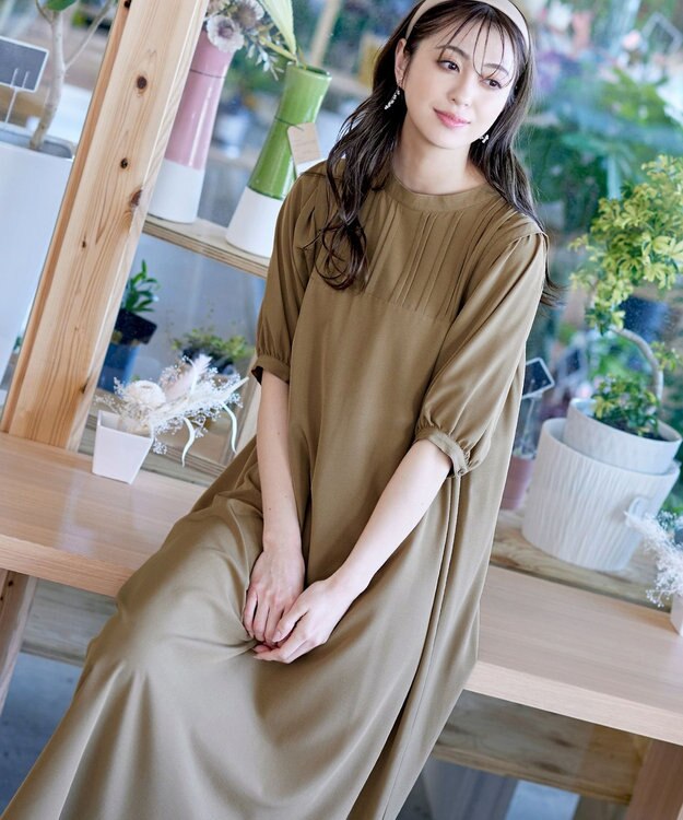 Tiaclasse 【洗える】ボリュームパフスリーブAラインワンピース ベージュ