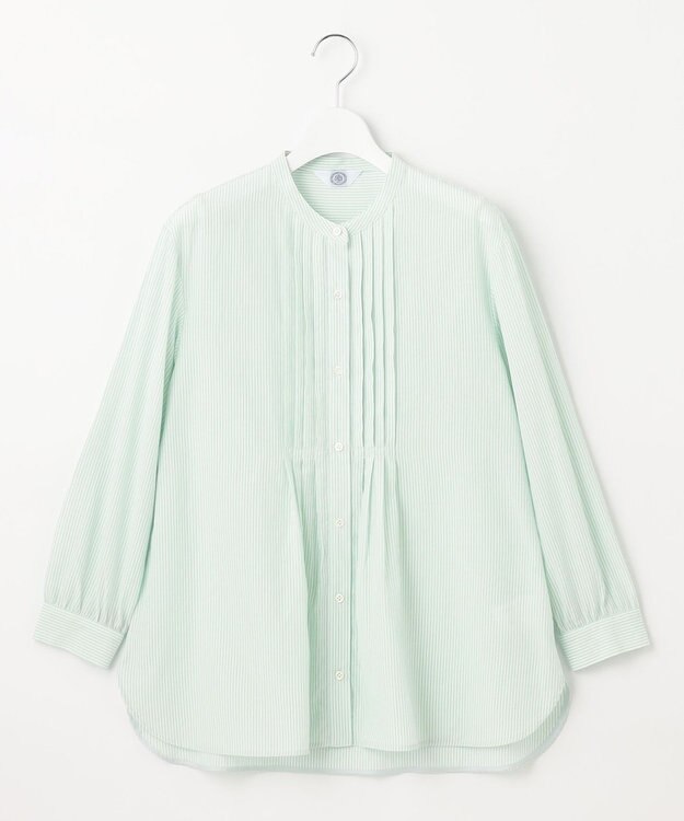 J.PRESS LADIES 【洗える】 コットンアセVis ストライプ バンドカラー ブラウス ライトグリーン系1