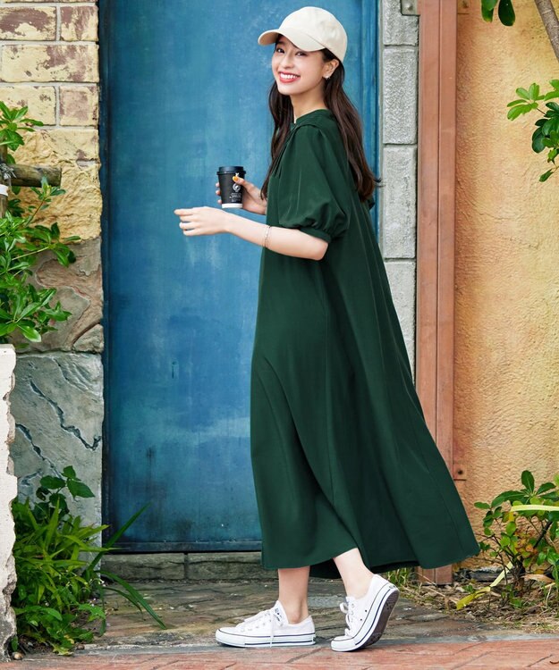 Tiaclasse 【洗える】ボリュームパフスリーブAラインワンピース グリーン