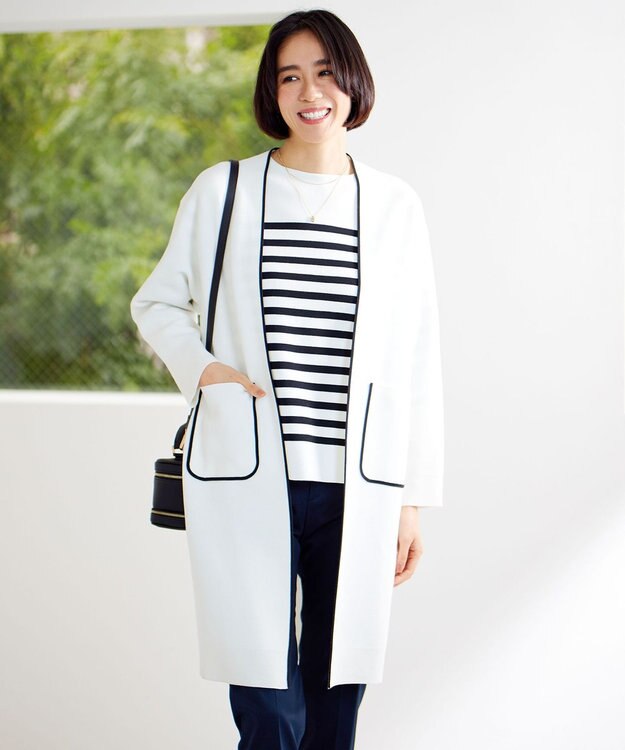 自由区 【洗える】ドライコットンハイゲージニット アウター ホワイト×ブラック