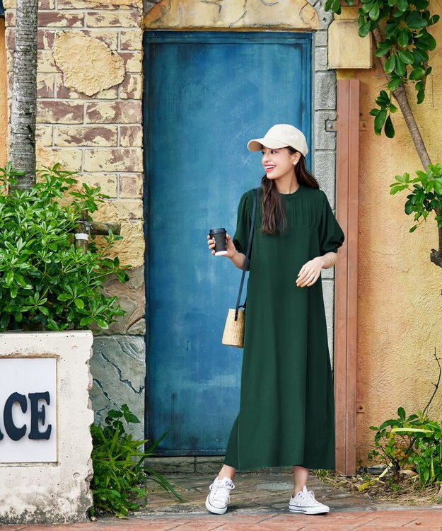 Tiaclasse 【洗える】ボリュームパフスリーブAラインワンピース グリーン