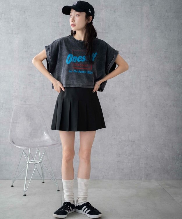 WEGO 【洗える】ヴィンテージウォッシュロールアップショートTシャツ スミクロ