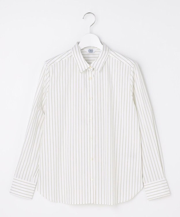 J.PRESS LADIES BEZコットンナイロン ストライプ シャツカラー ブラウス ホワイト×ライム×グレー系