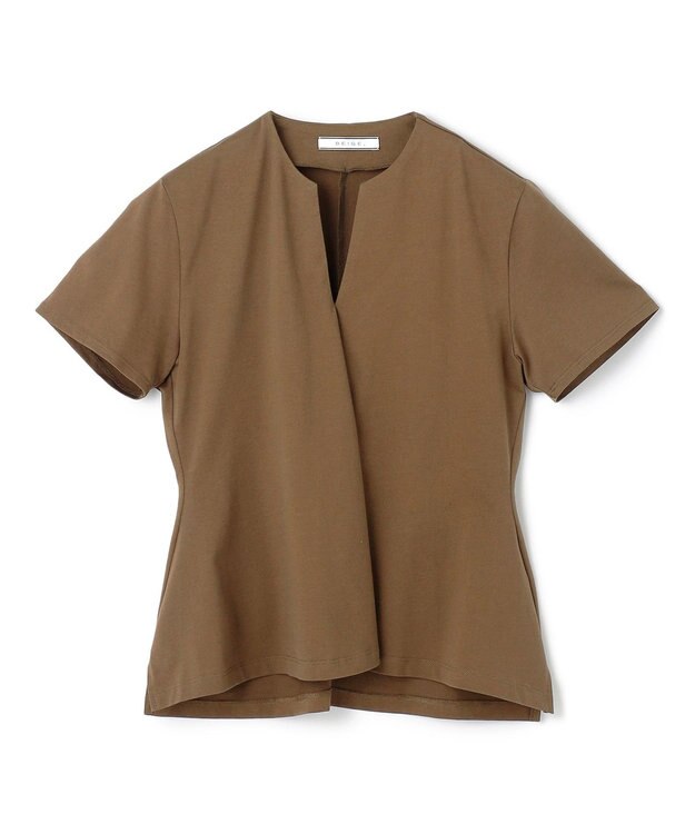 BEIGE， 【洗える】STOCK / オーガニックコットン半袖Vスリットトップス Khaki