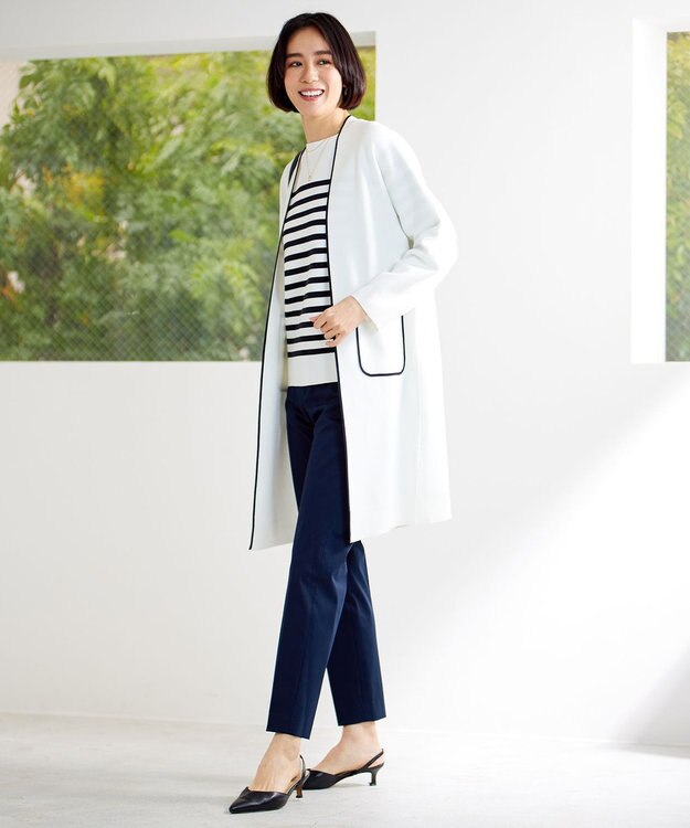 自由区 【洗える】ドライコットンハイゲージニット アウター ホワイト×ブラック