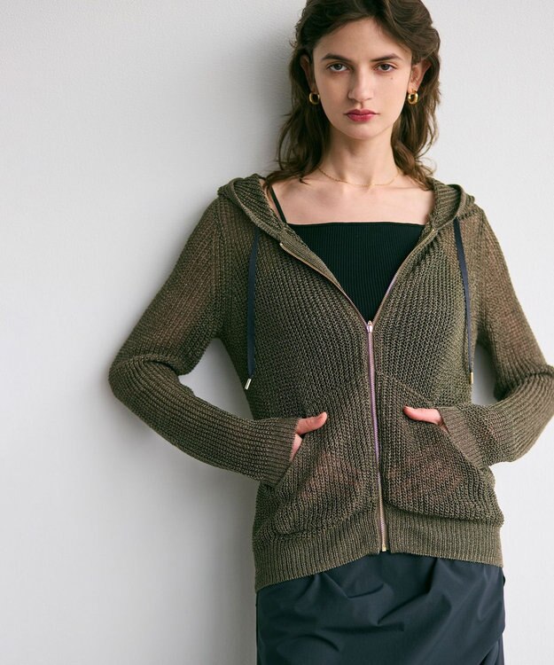 BEIGE， 【洗える】OPTICAL / ペーパーヤーンフーディージップニット Khaki