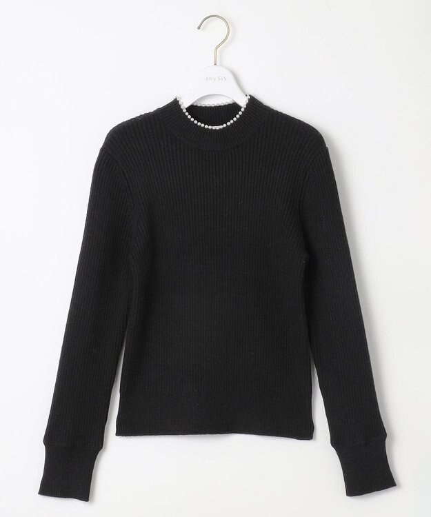 ANY SIS 【洗える】ネックパール調リブ ニット ブラック