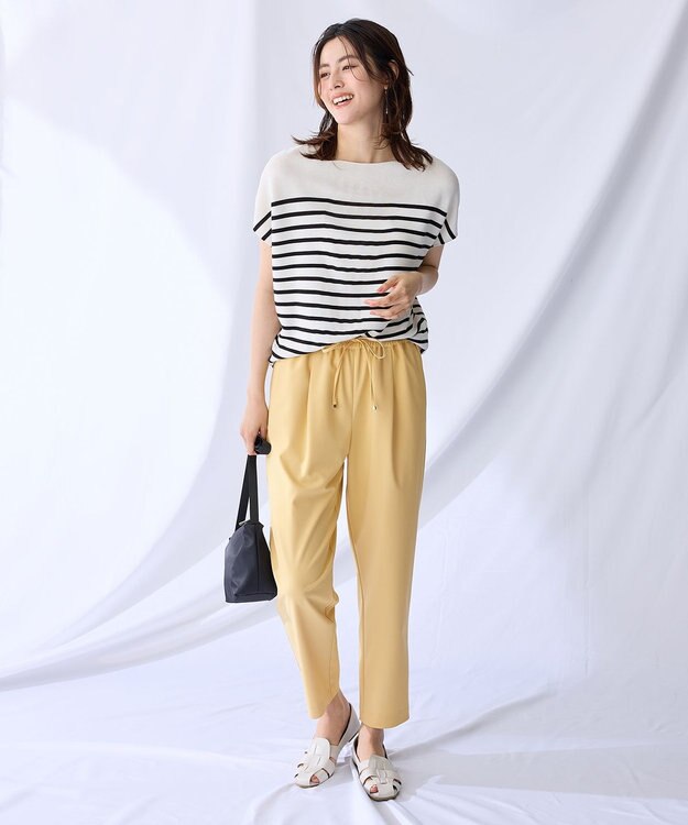 ANY L 【新色追加/14色展開】アクリルガーターフレンチスリーブニット オフ×ブラック