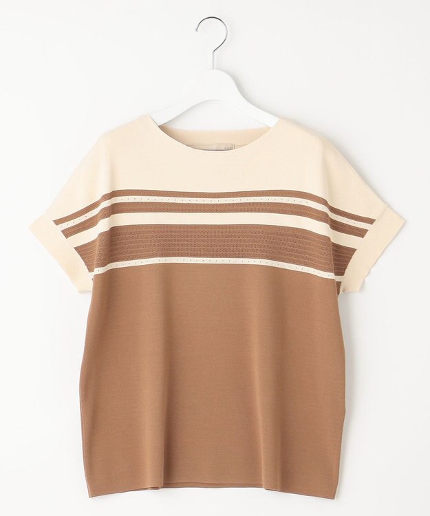 自由区 【洗える】クレープストレッチブロッキングボーダー ニット ブラウン系1