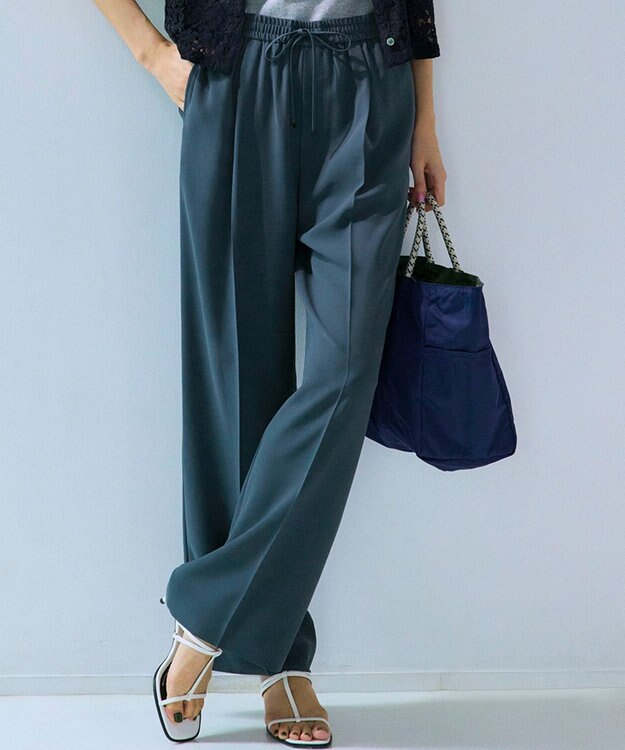 23区 【接触冷感/UVカット/吸水速乾】ストレッチジョーゼット ワイド パンツ ダークグリーン系