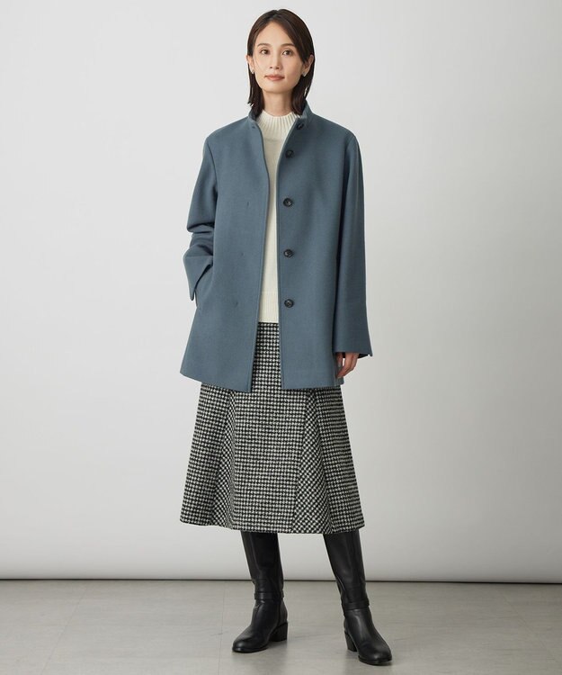 J.PRESS LADIES ショートビーバー ミディ丈 スタンドカラー コート ティールブルー系