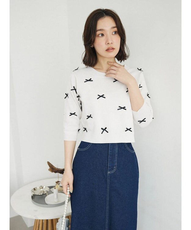 Green Parks ・ＡＮＤ　ＳＥＡＲＣＨ　メニーリボン５分袖ニット