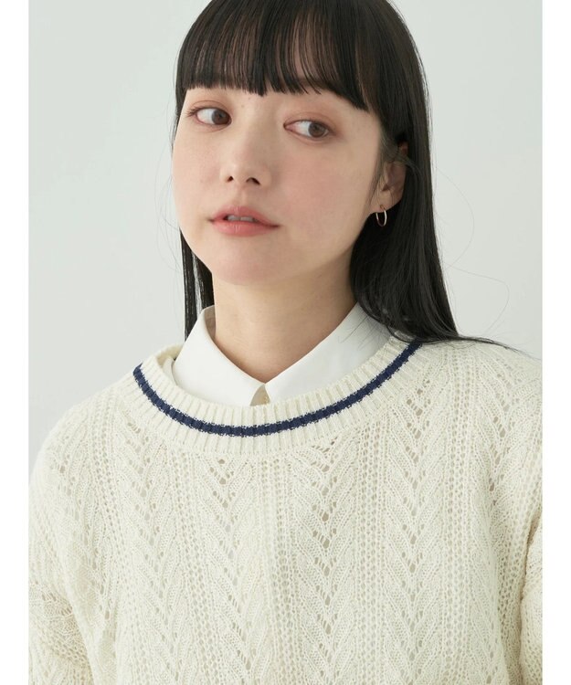 earth music&ecology ライン入り透かし編みニットプルオーバー Off White