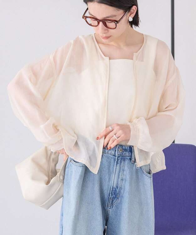 AMERICAN HOLIC ノーカラーシアーＺＩＰブルゾン Ecru