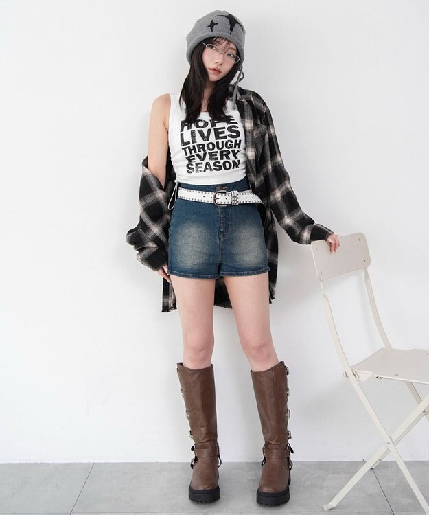 WEGO ハイウエストマイクロデニムショーツ デニム中濃加工色