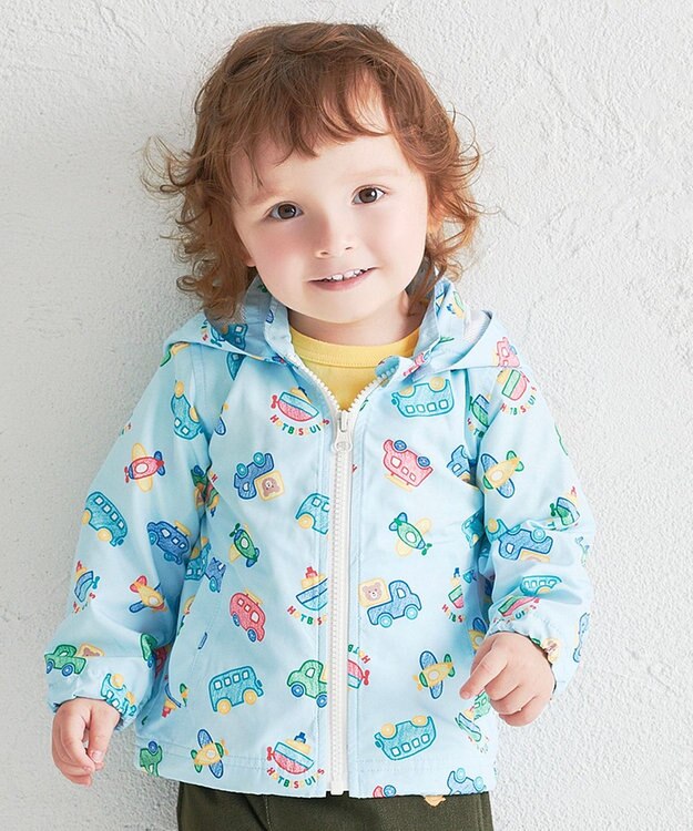 MIKI HOUSE HOT BISCUITS 【80-120cm】ビーンズ×乗り物 総柄ウインドブレーカー サックス