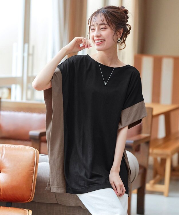 Tiaclasse 【洗える】配色カットソードルマントップス ブラック