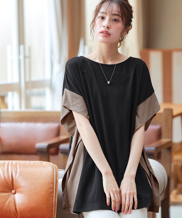 Tiaclasse 【洗える】配色カットソードルマントップス ブラック