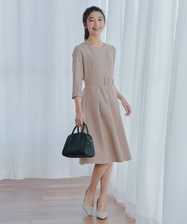 Tiaclasse 【3WAY】リボンブローチ＆ベルト付きフレアワンピース グレージュ