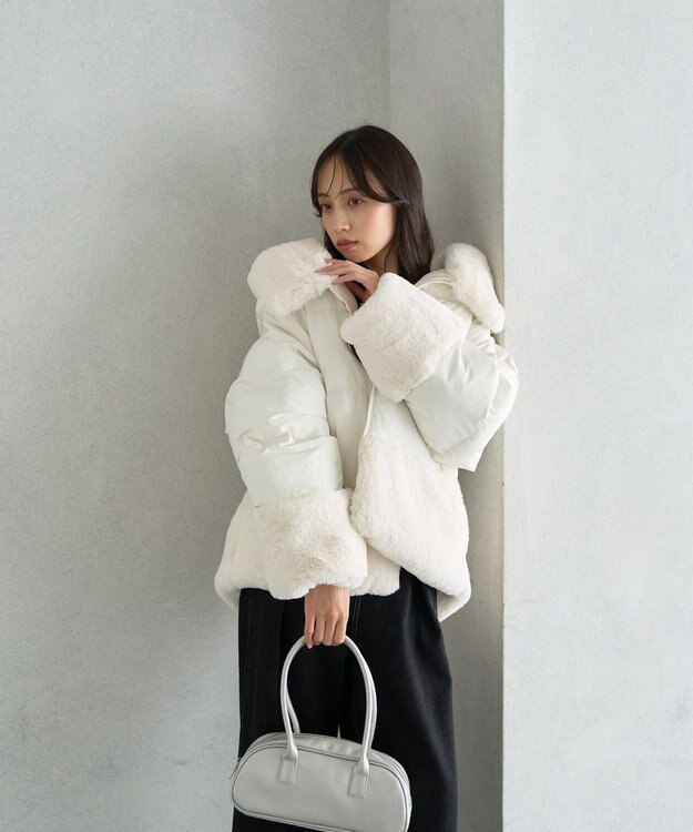 earth music&ecology フードファー中綿ショートコート ホワイト