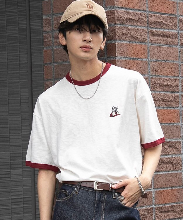 WEGO ワンポイント刺繍リンガーT（SS） ホワイトアイボリー