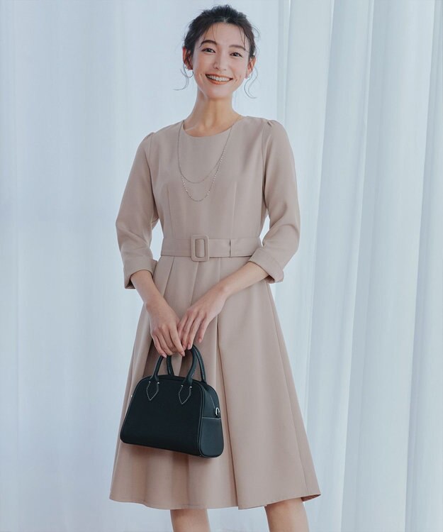 Tiaclasse 【3WAY】リボンブローチ＆ベルト付きフレアワンピース グレージュ