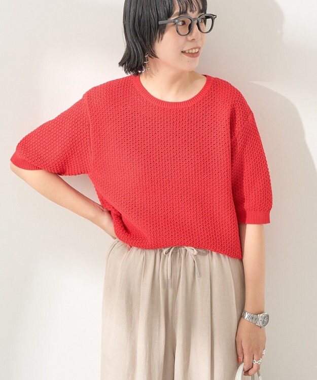 AMERICAN HOLIC 透かし編み半袖ニットプルオーバー Red