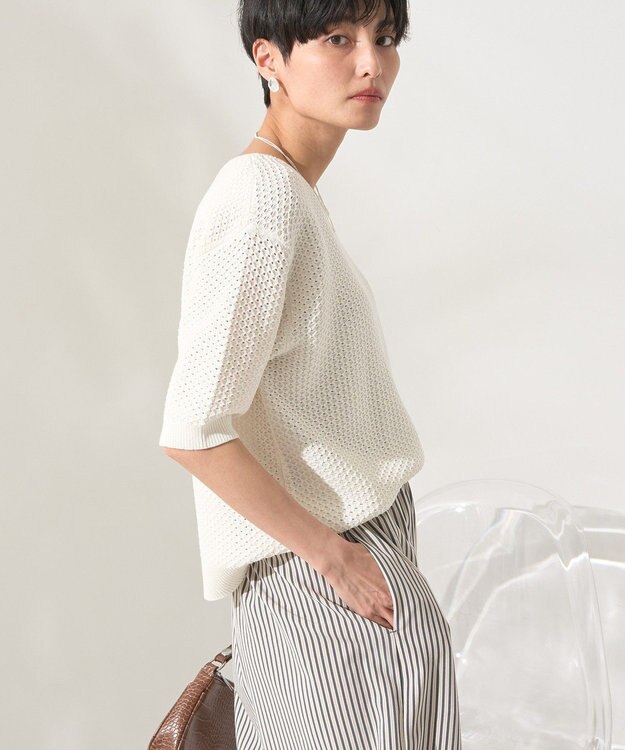 AMERICAN HOLIC 透かし編み半袖ニットプルオーバー Off White