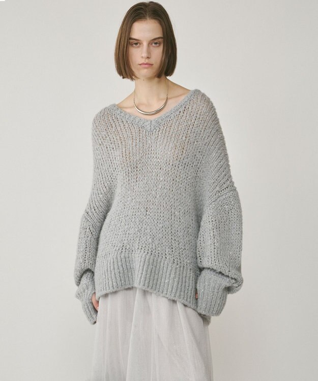 GRACE CONTINENTAL スパンコール畦ニットトップ グレー